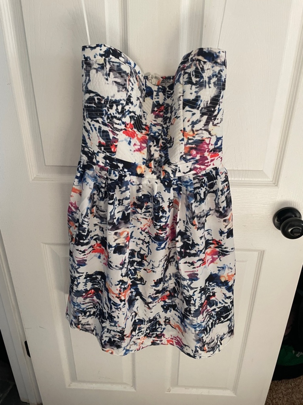 Parker Strapless Painterly Print Dress in White, Navy, Pink and Orange